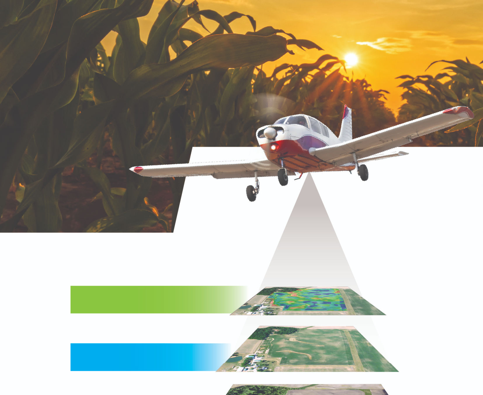 AirScout aircraft capturing aerial imagery over a corn field at sunset